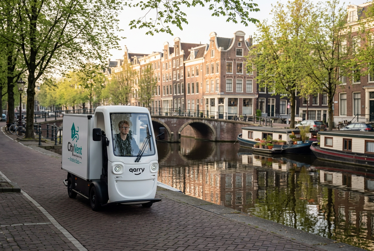 Elektrisch servicevoertuig van CityVent onderweg naar een klus langs een Amsterdamse gracht