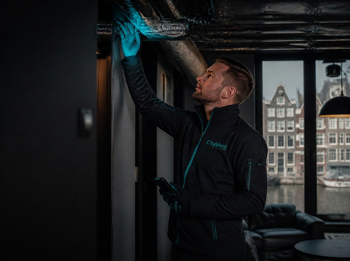 Monteur van CityVent inspecteert een ventilatiekanaal in een Amsterdams pand